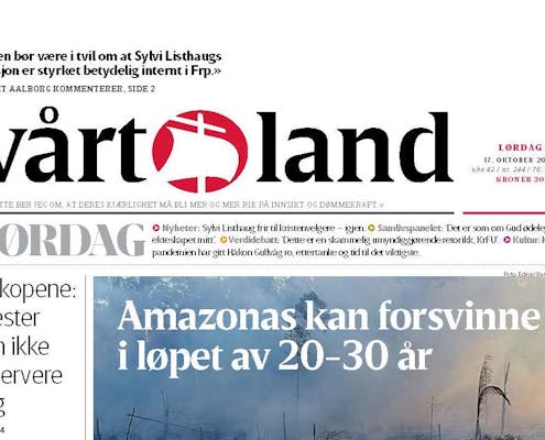 Forsiden på avisen Vårt Land