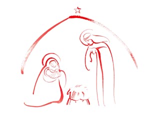 Bildet illustrer julen ved å vise Josef og Maria sammen med Jesusbarnet