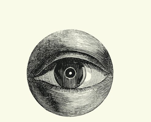 Bildet viser forsiden av boka. Det er et tegnet øye i en avgrenset sirkel mot lysegul bakgrunn