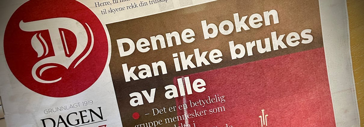 Bilde av forsiden på avisen Dagen - Det står: Denne boken kan ikke brukes av alle.