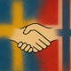 KI-generert bilde av to hender som tar hverandre i hånden. Bakgrunnen er et svensk og et norsk flagg.