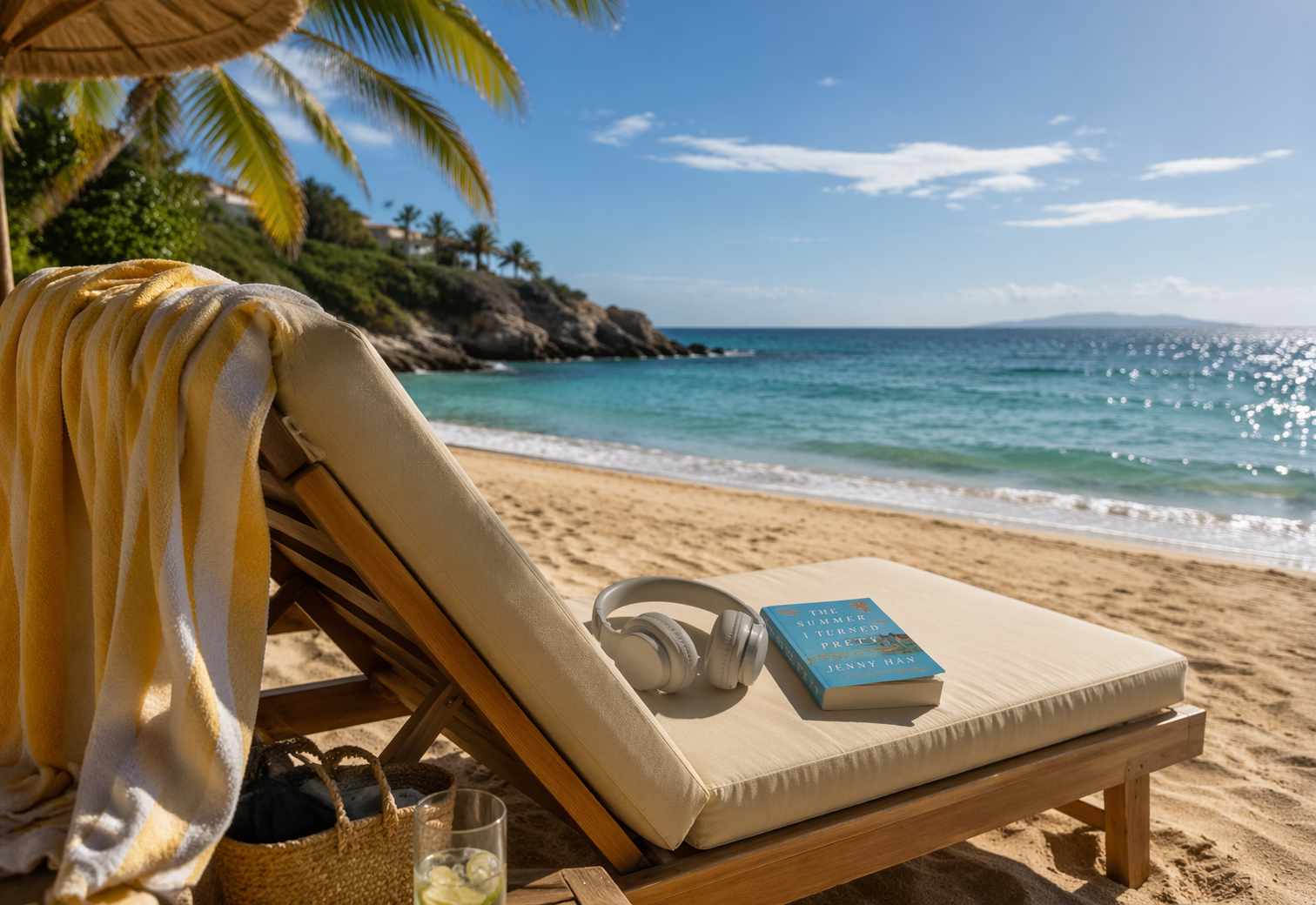 KI-generert bilde av en solseng på en deilig strand med hodetelefoner og en bok liggende klar for å høre på og lese gode ting i sommeren.