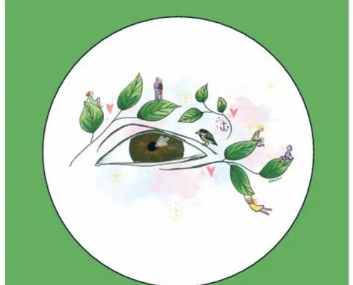 bokomslag Med Mine Øyne av Heidi Halvorsen. Omslaget viser øyet som illustrerer forestillingen. Heidis navn står også i illustrert punktskrift.